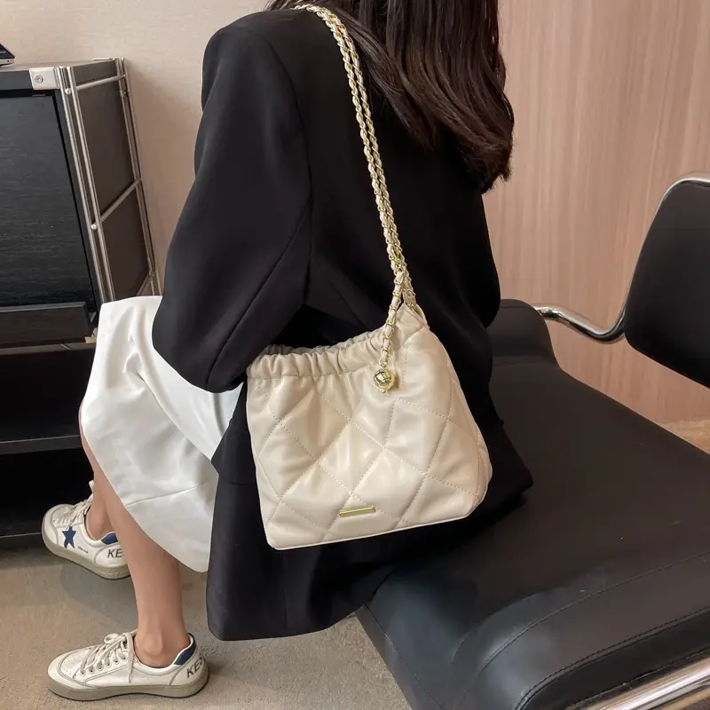 Black Quilted Shoulder Bag with Gold Chain Strap - Image 4