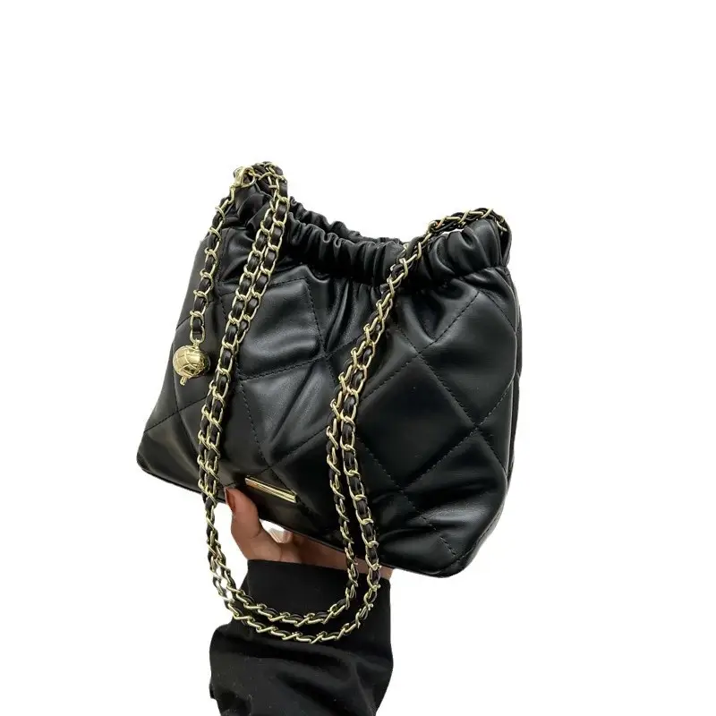 Black Quilted Shoulder Bag with Gold Chain Strap - Image 6