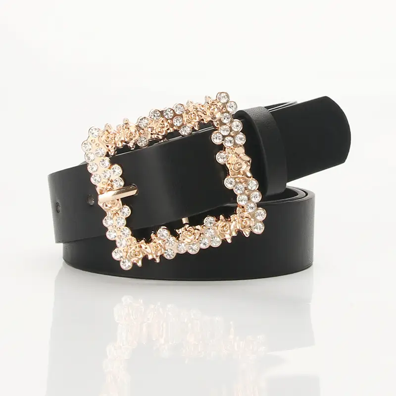 Women's PU Belt with Rhinestone Flower Design