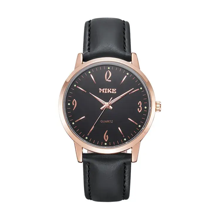 MIKE Rose Gold Quartz Women's Watch Black Leather Belt