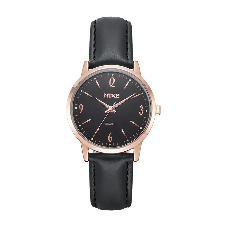 MIKE Rose Gold Quartz Women's Watch Black Leather Belt