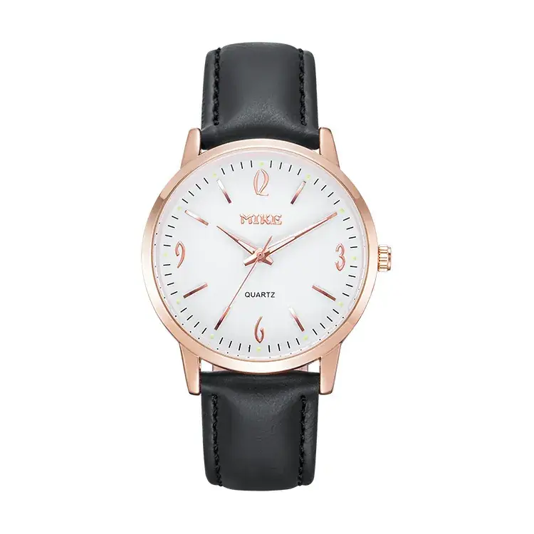 MIKE Rose Gold Quartz Women's Watch Black Leather Belt