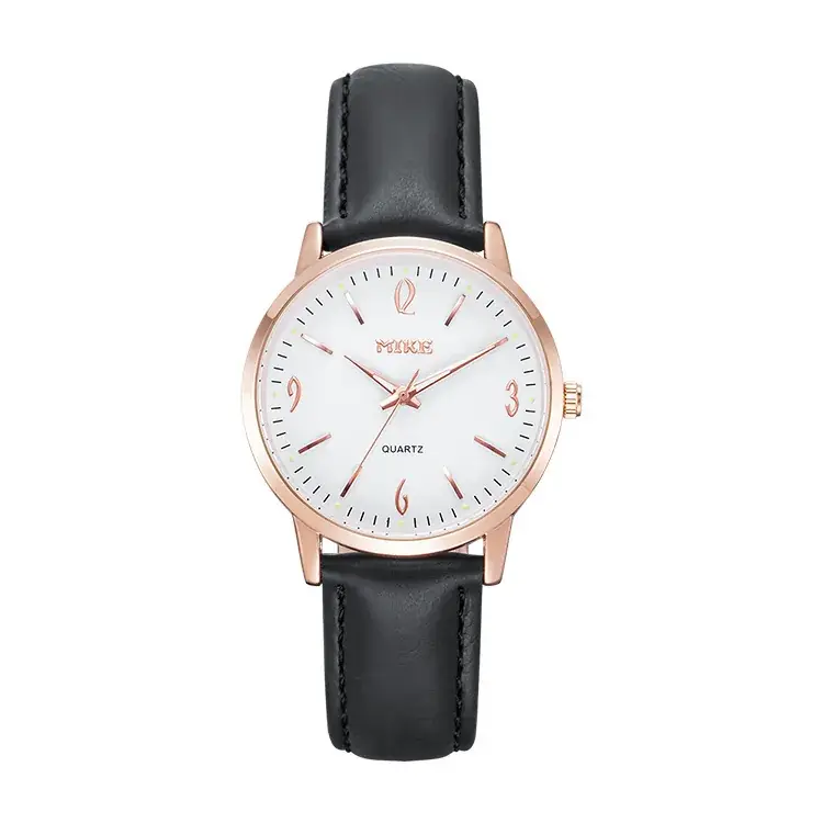 MIKE Rose Gold Quartz Women's Watch Black Leather Belt