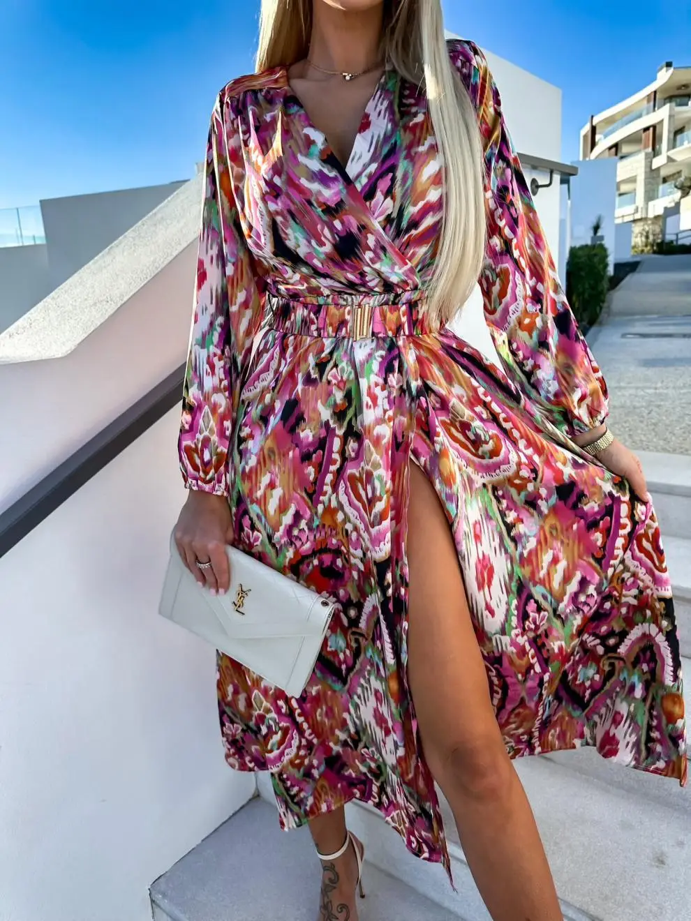 Women's V-Neck Slit Dress Floral Belted Hot Selling — feature 12