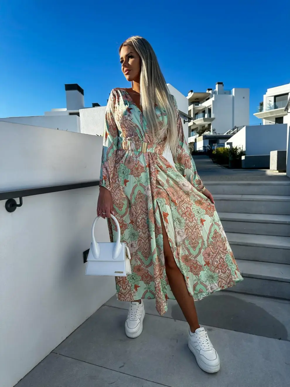 Women's V-Neck Slit Dress Floral Belted Hot Selling — feature 23