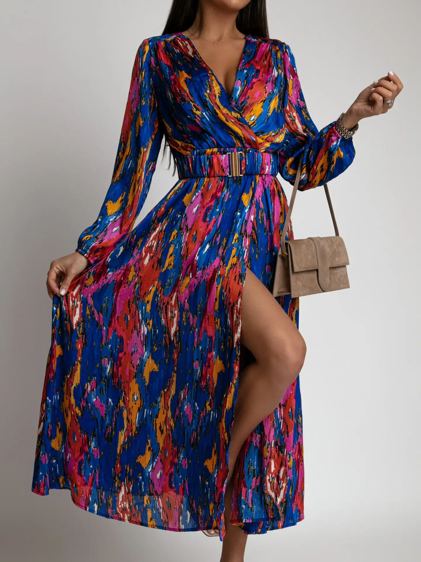 Women's V-Neck Slit Dress Floral Belted Hot Selling - Image 8
