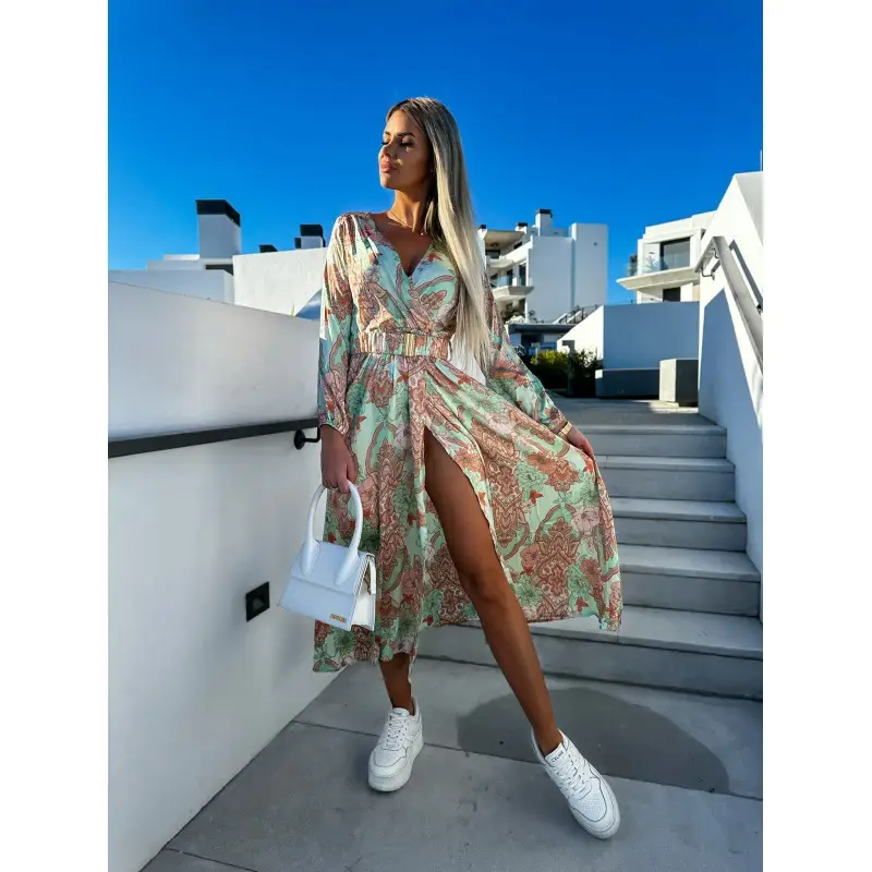 Women's V-Neck Slit Dress Floral Belted Hot Selling - Image 2