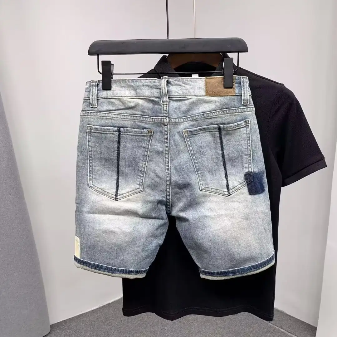 Men Vintage Washed Hole Denim Shorts Slim Fit - Image 5