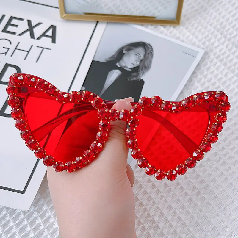 Red Heart-Shaped Sunglasses for Women with Crystal Embellishment