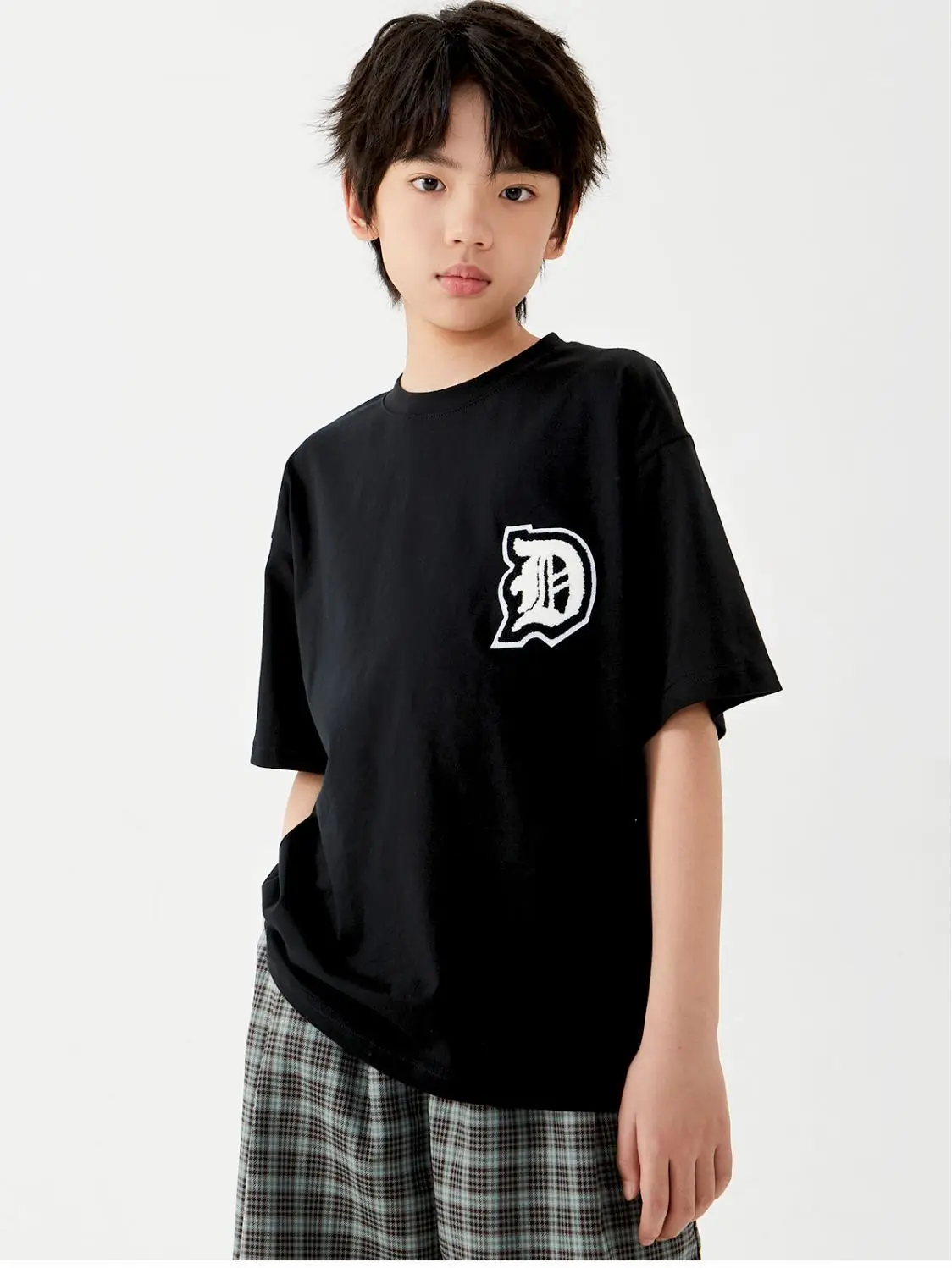 Kids Cotton T-Shirt Shorts Set Green Plaid Black - Image 2