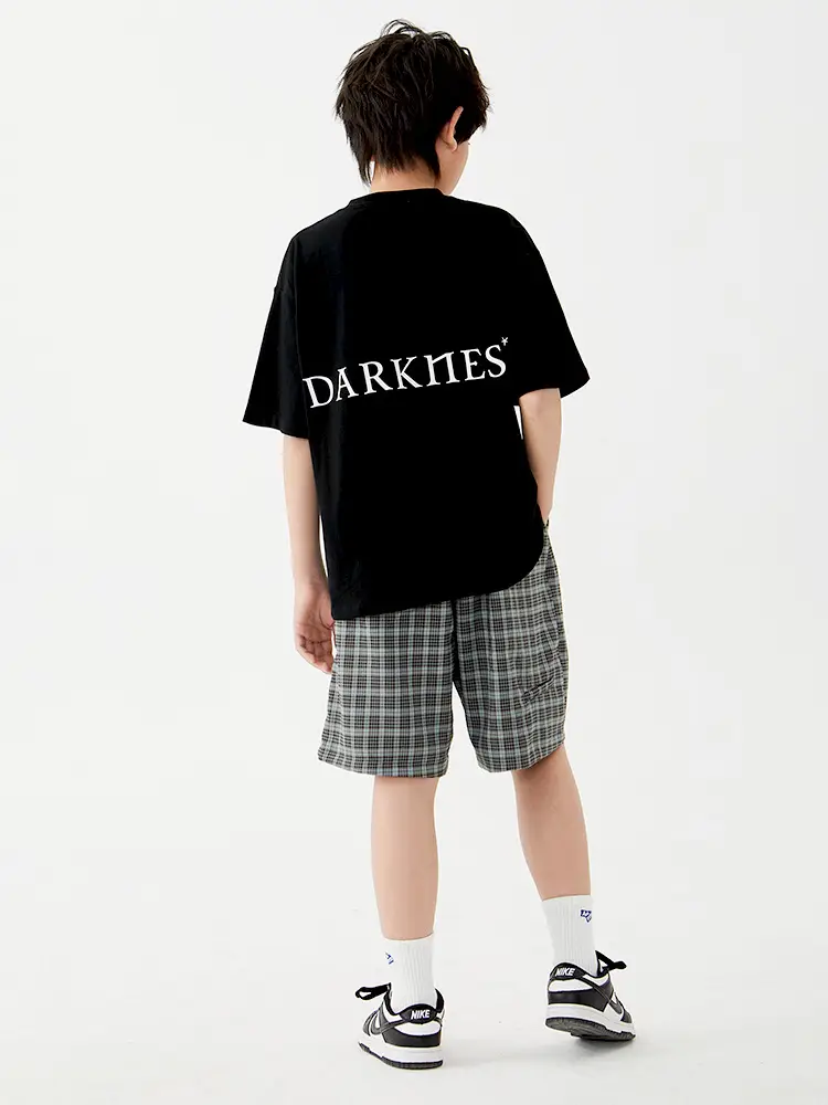 Kids Cotton T-Shirt Shorts Set Green Plaid Black - Image 3