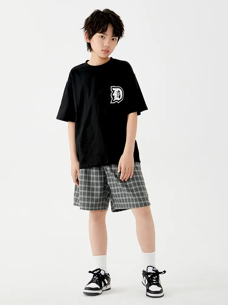 Kids Cotton T-Shirt Shorts Set Green Plaid Black - Image 4