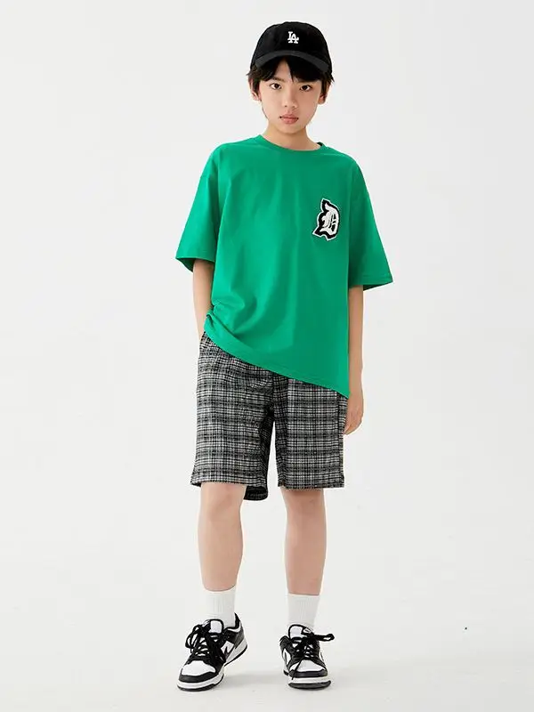 Kids Cotton T-Shirt Shorts Set Green Plaid Black - Image 5