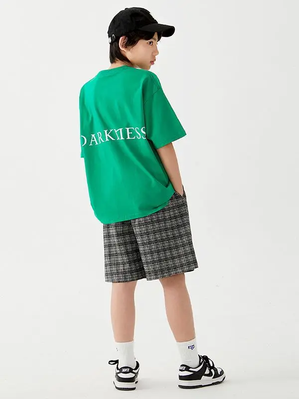 Kids Cotton T-Shirt Shorts Set Green Plaid Black - Image 6