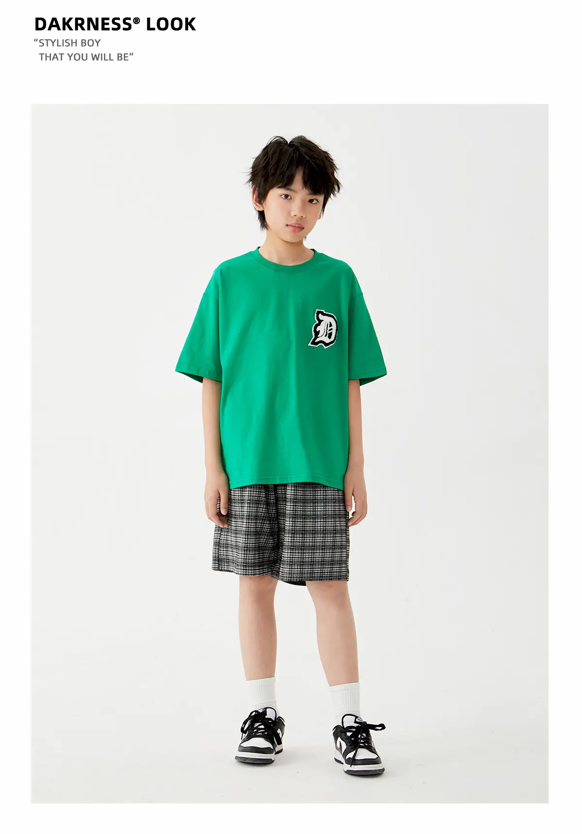 Kids Cotton T-Shirt Shorts Set Green Plaid Black — feature 14