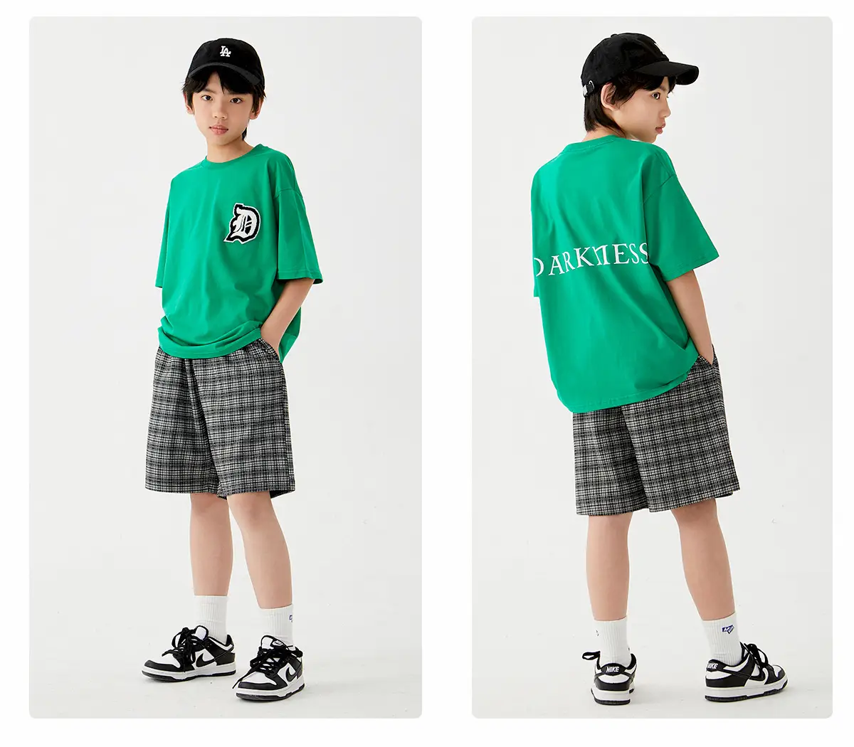 Kids Cotton T-Shirt Shorts Set Green Plaid Black — feature 15