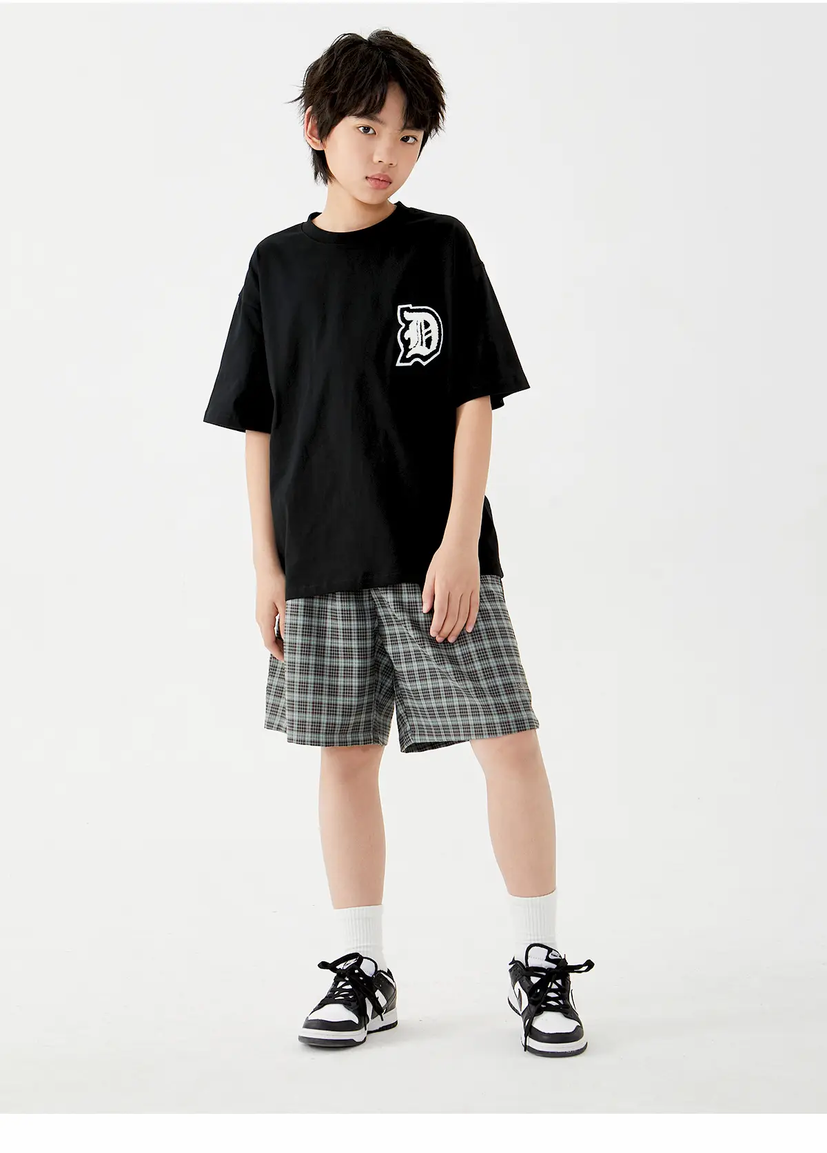 Kids Cotton T-Shirt Shorts Set Green Plaid Black — feature 18