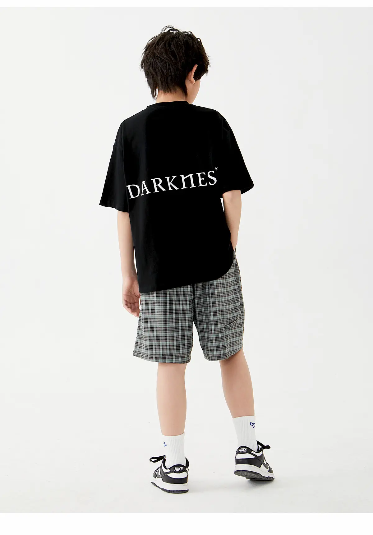 Kids Cotton T-Shirt Shorts Set Green Plaid Black — feature 19