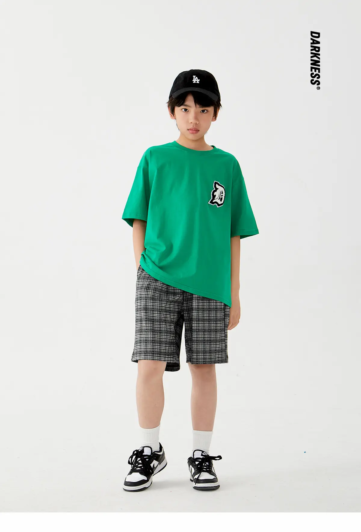 Kids Cotton T-Shirt Shorts Set Green Plaid Black — feature 2