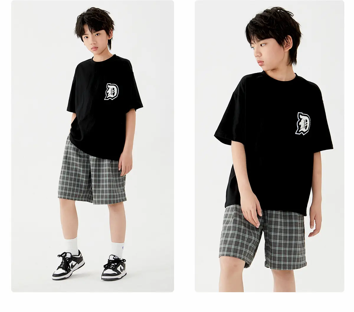 Kids Cotton T-Shirt Shorts Set Green Plaid Black — feature 20
