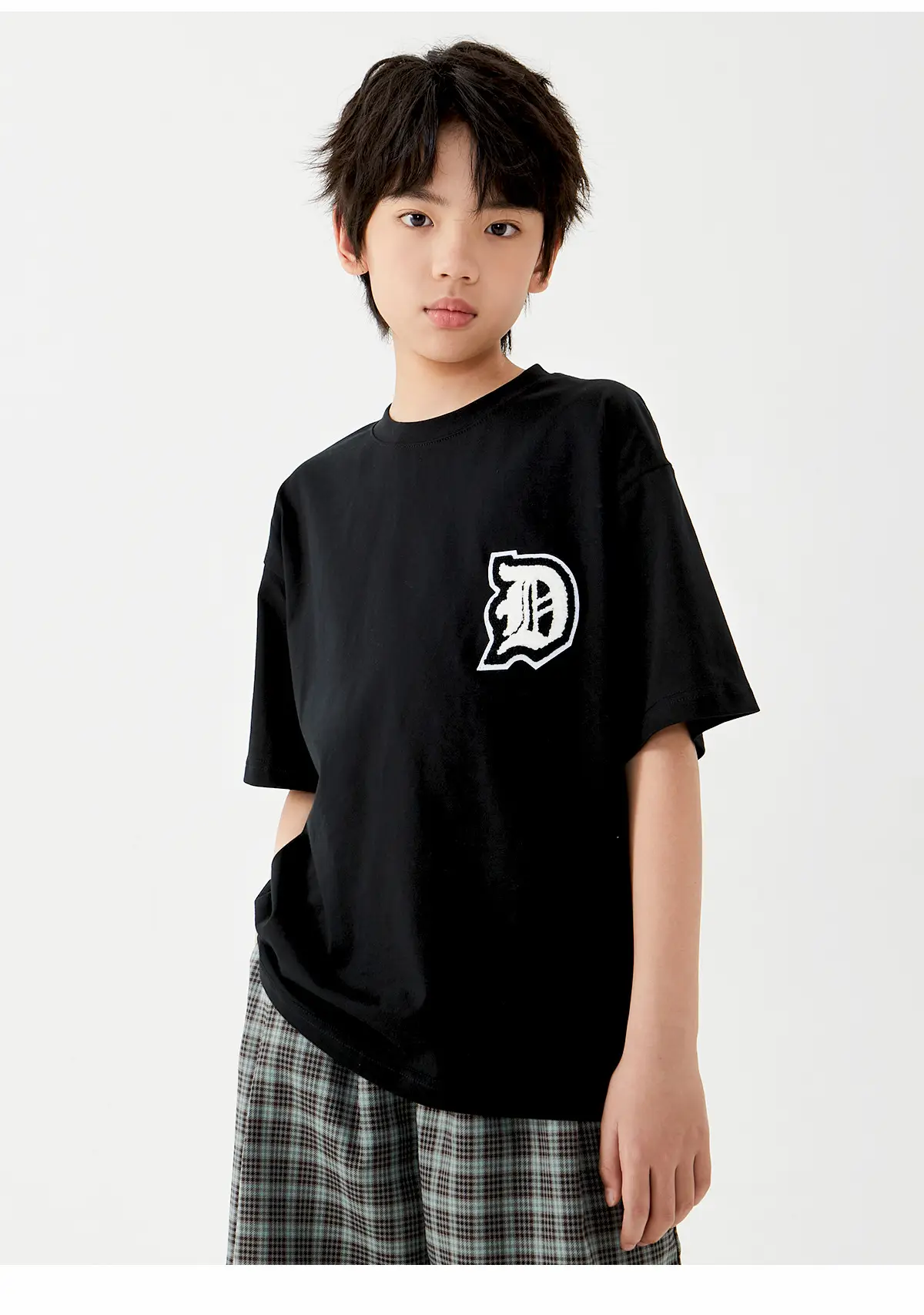 Kids Cotton T-Shirt Shorts Set Green Plaid Black — feature 21