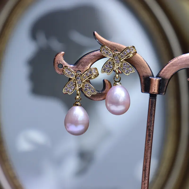 Freshwater Pearl Butterfly Earrings Purple - Image 4