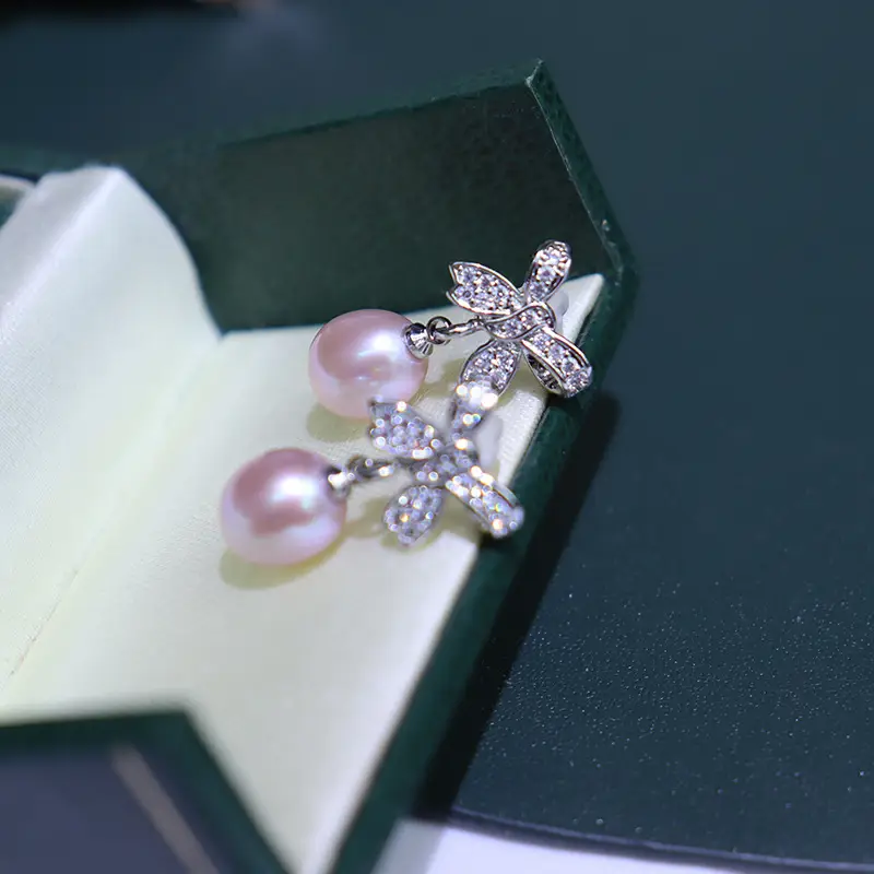 Freshwater Pearl Butterfly Earrings Purple - Image 6