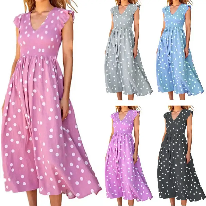 Women's V-Neck Wave Dot Pink Skirt Dress - Image 5
