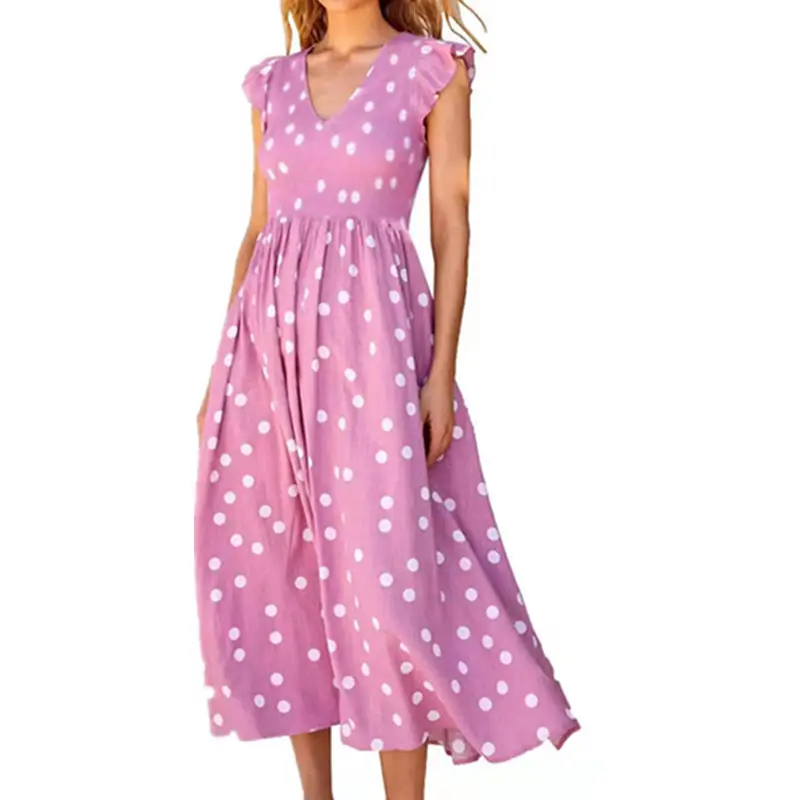 Women's V-Neck Wave Dot Pink Skirt Dress - Image 6
