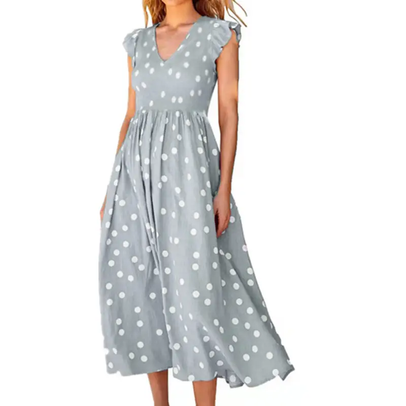Women's V-Neck Wave Dot Pink Skirt Dress - Image 8