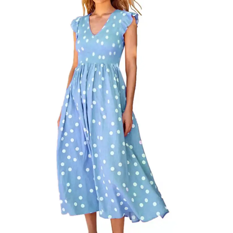 Women's V-Neck Wave Dot Pink Skirt Dress - Image 3