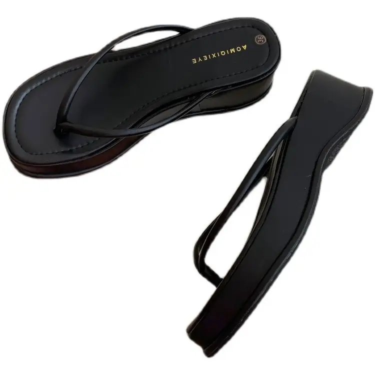2023 Black Korean Women's Flip Flops Wedge Sandals
