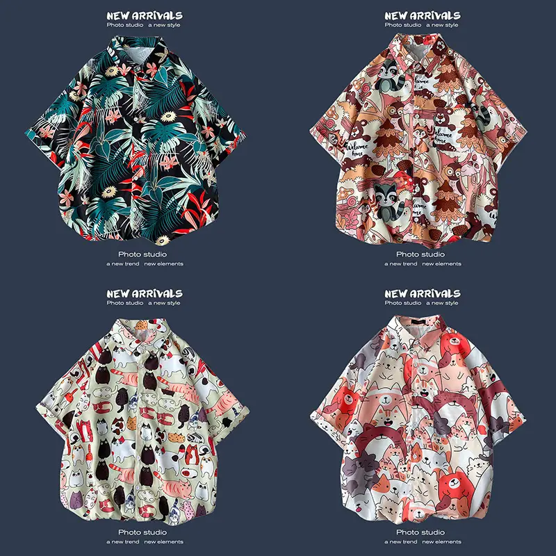 Men's Black Printed Short Sleeve Shirt with 9 Design - Image 42