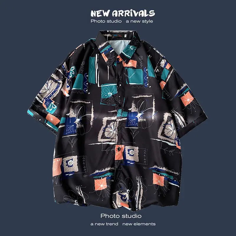 Men's Black Printed Short Sleeve Shirt with 9 Design - Image 11