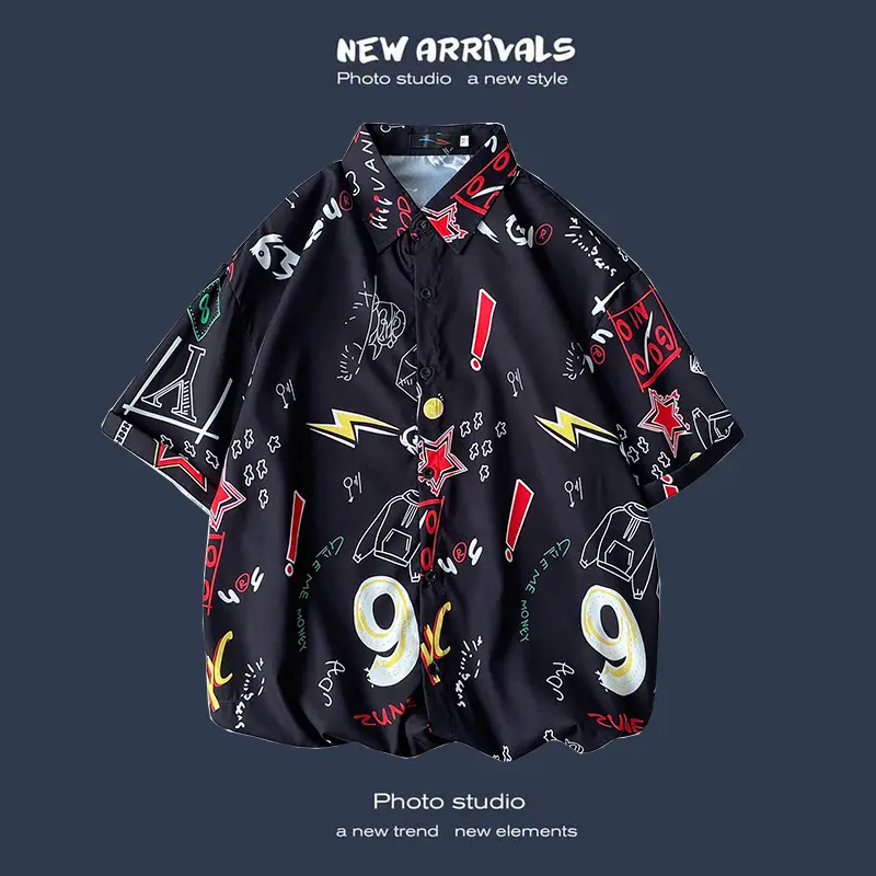 Men's Black Printed Short Sleeve Shirt with 9 Design - Image 15