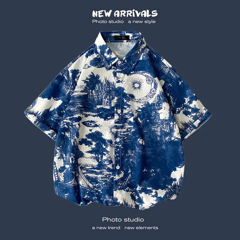 Men's Black Printed Short Sleeve Shirt with 9 Design - Image 34