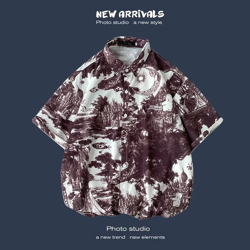 Men's Black Printed Short Sleeve Shirt with 9 Design - Image 35