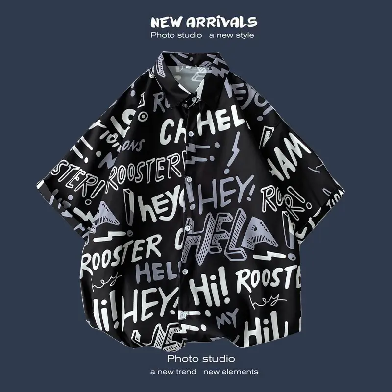 Men's Black Printed Short Sleeve Shirt with 9 Design - Image 39