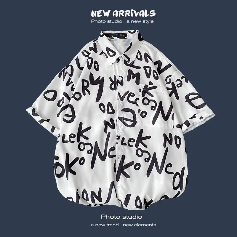 Men's Black Printed Short Sleeve Shirt with 9 Design - Image 5