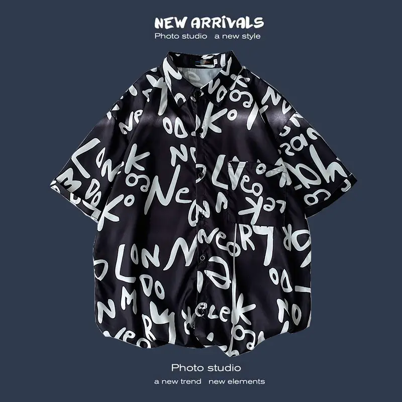 Men's Black Printed Short Sleeve Shirt with 9 Design - Image 6