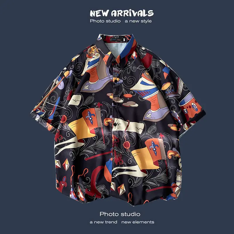 Men's Black Printed Short Sleeve Shirt with 9 Design - Image 9