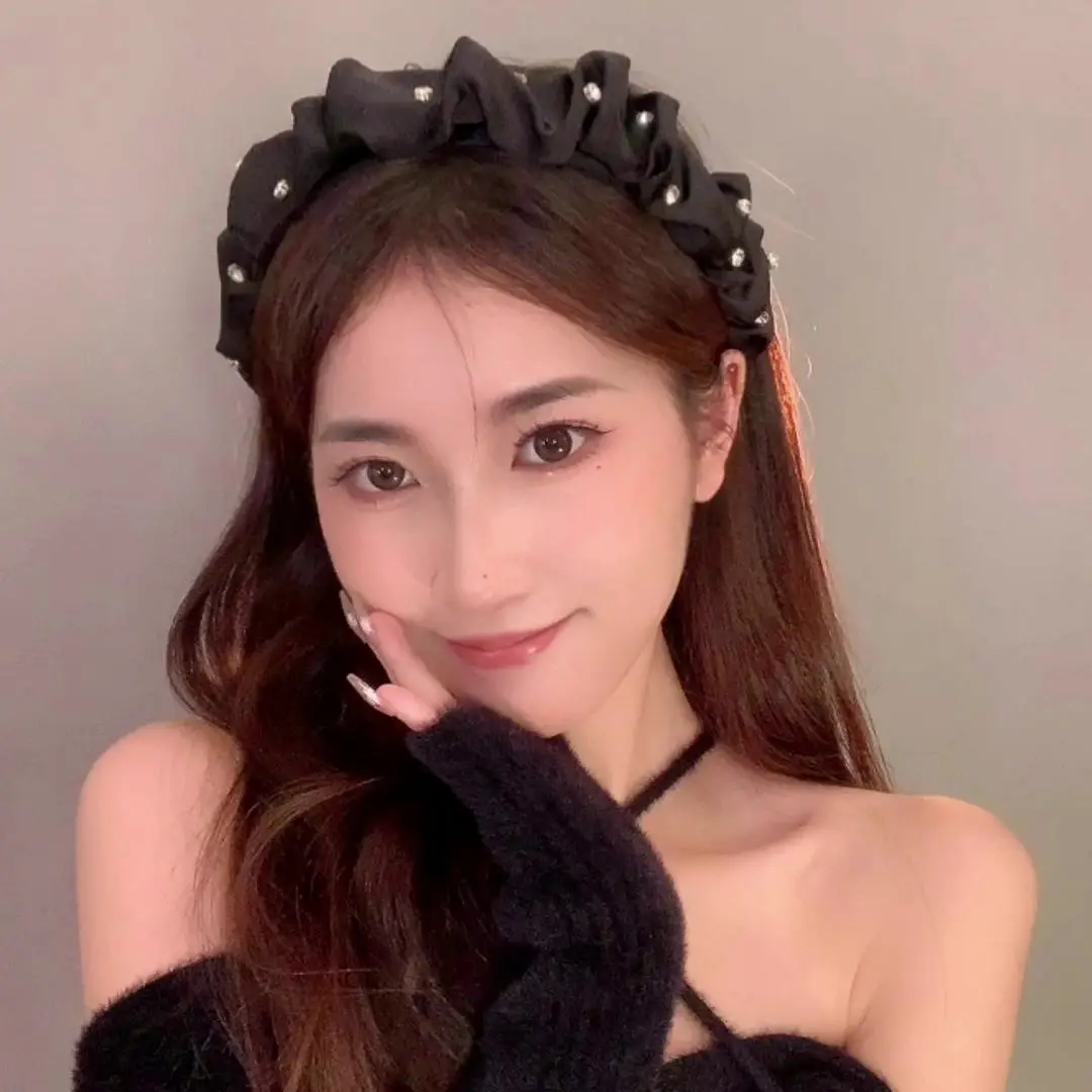 Women's Retro French Style Hair Hoop Black Pleated Wide Brim - Image 5