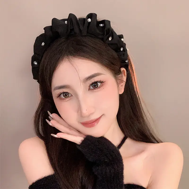 Women's Retro French Style Hair Hoop Black Pleated Wide Brim - Image 7