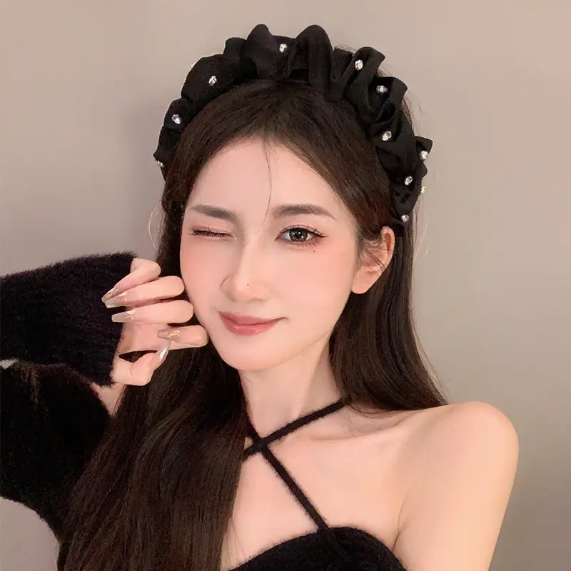 Women's Retro French Style Hair Hoop Black Pleated Wide Brim — feature 13