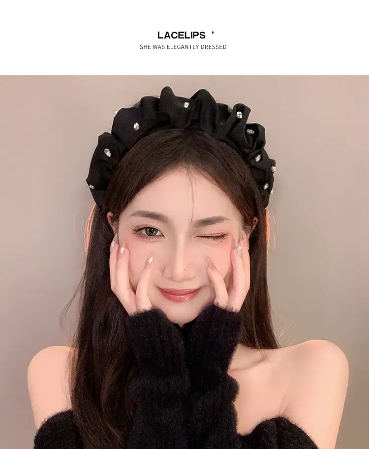 Women's Retro French Style Hair Hoop Black Pleated Wide Brim — feature 2