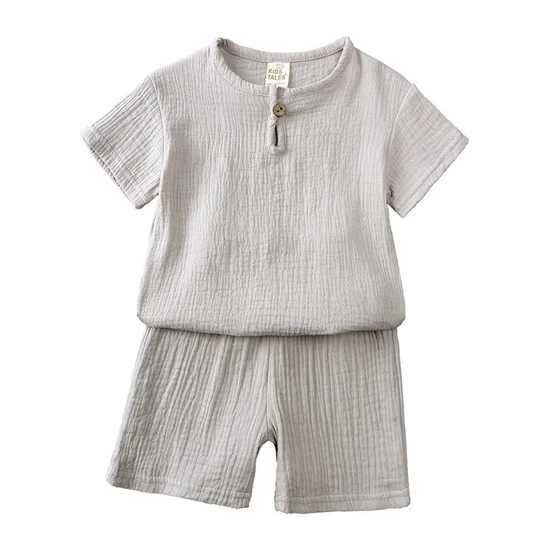 Kids Cotton Linen Button T-Shirt Shorts Set - Image 9