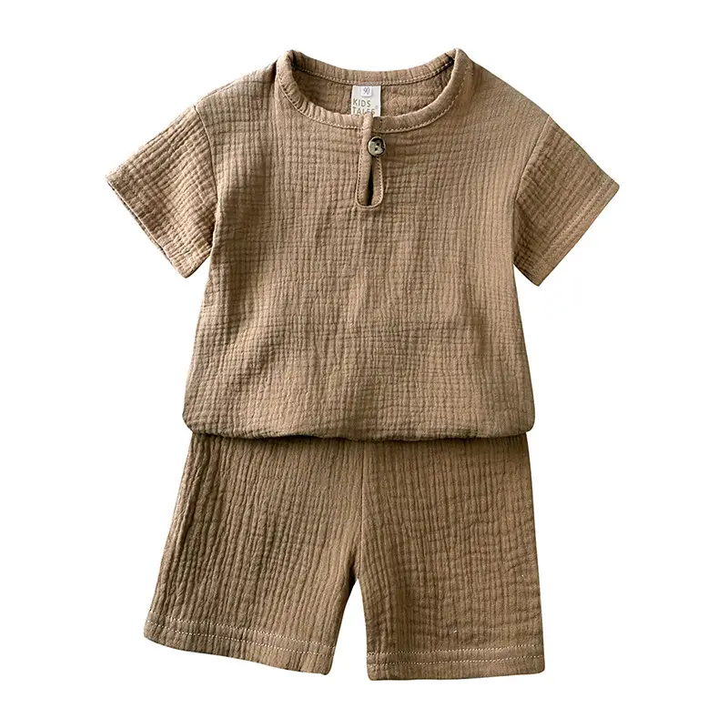Kids Cotton Linen Button T-Shirt Shorts Set - Image 4