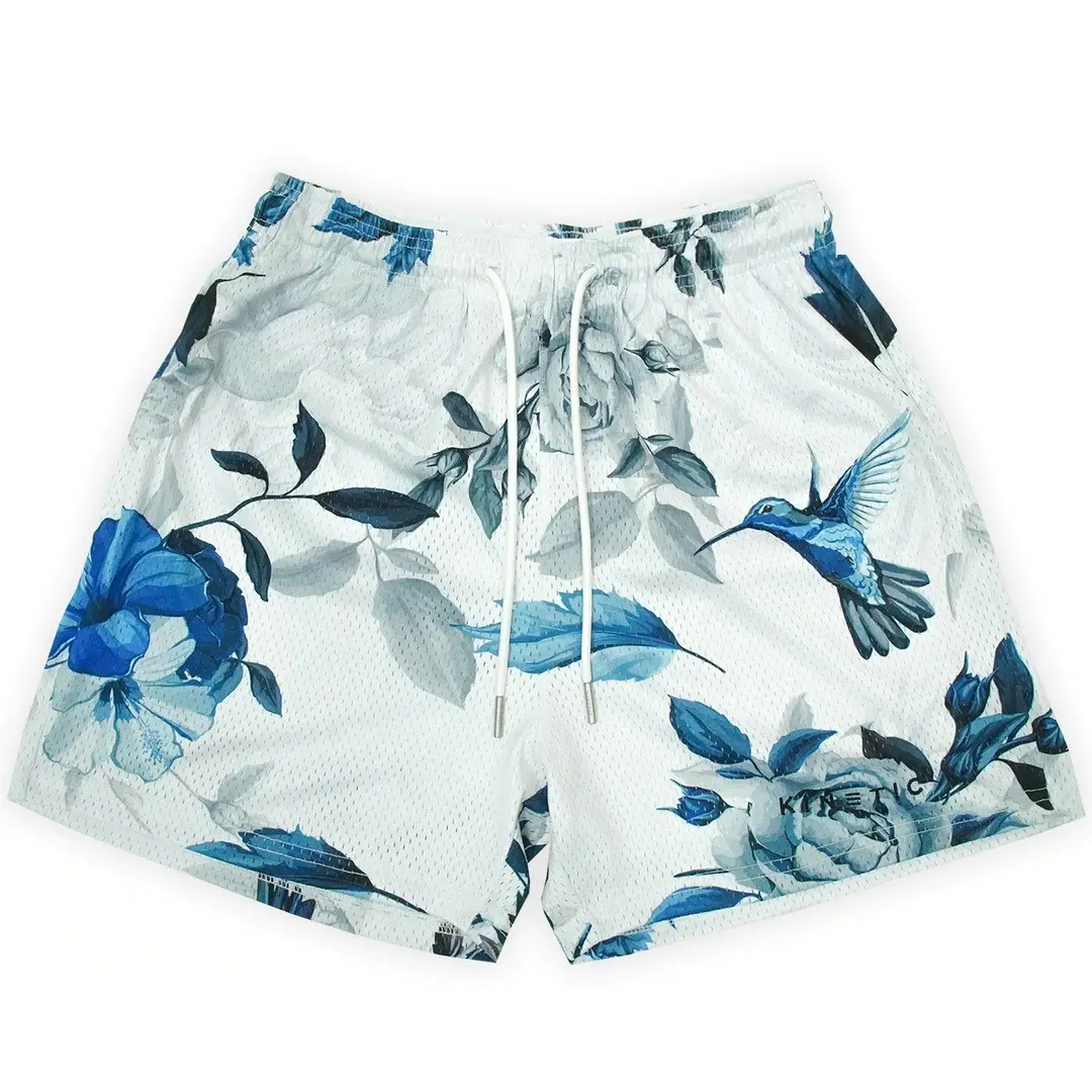 Digital Printed Blue Floral Mesh Shorts for Men - Image 5