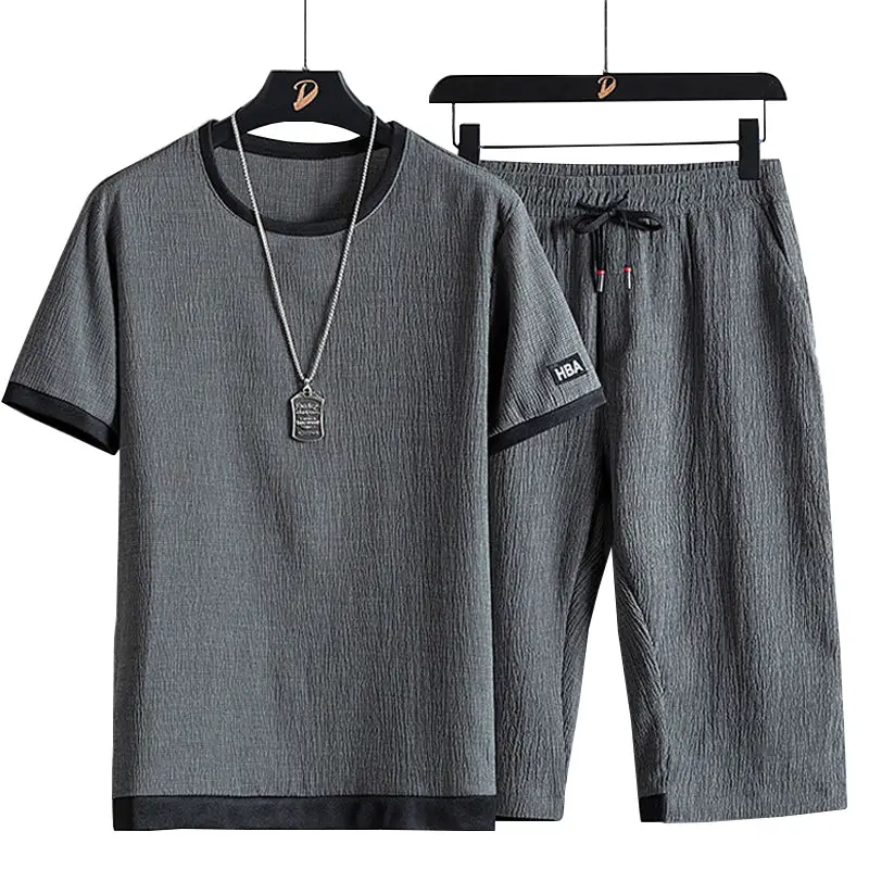 Men Ice Silk Casual Shorts Set Gray Short Sleeve T-Shirt - Image 5
