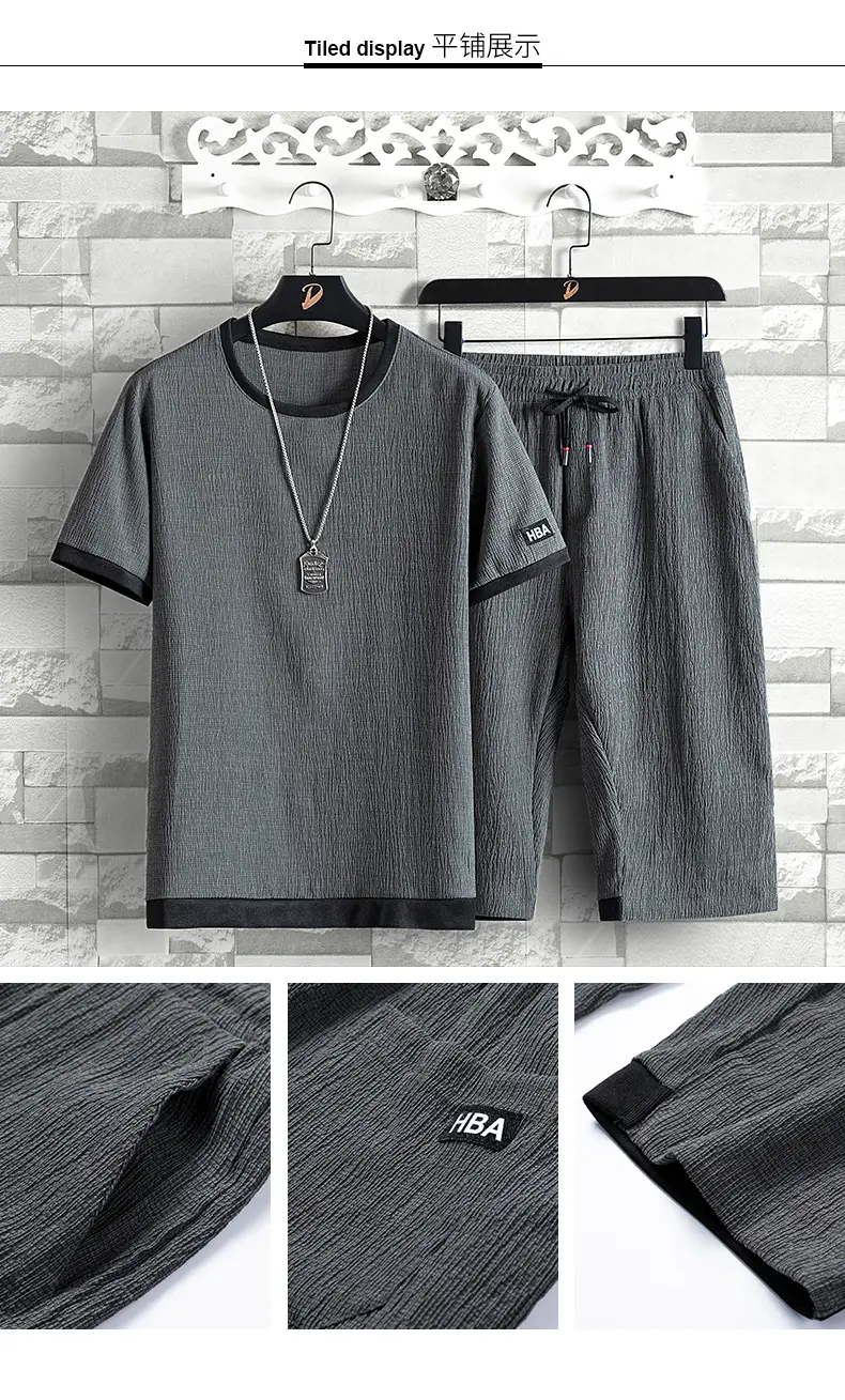 Men Ice Silk Casual Shorts Set Gray Short Sleeve T-Shirt — feature 12